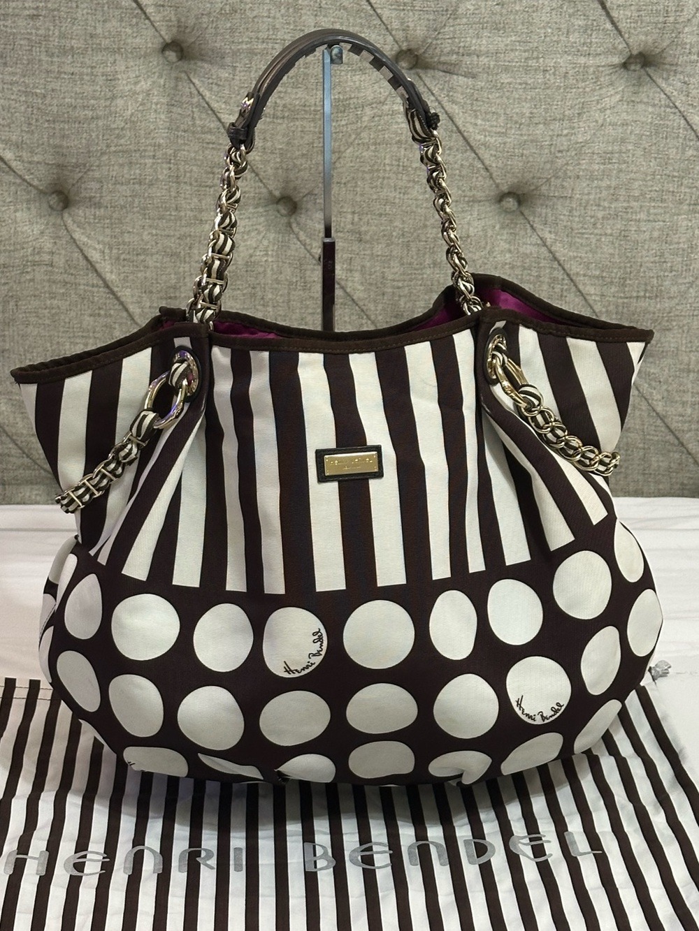 Henri Bendel Hot For Dots Tote Bag Brown White Rare Collector Handbag Dust Bag - Picture 3 of 16